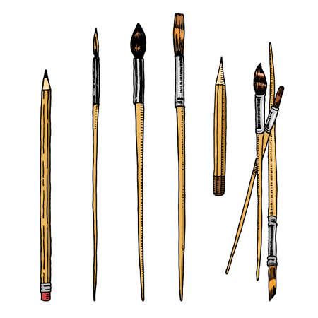 Tools and materials of the artist for drawing. Brushes and pencils. Craft creative people. Equipment in Doodle style. Engraved hand drawn sketch.のイラスト素材