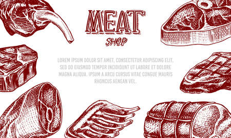 Grilled meat poster, Pork or beef steak. Barbecue BBQ banner. Food in vintage style. Background for restaurant menu, emblems or badges. Hand drawn sketchのイラスト素材