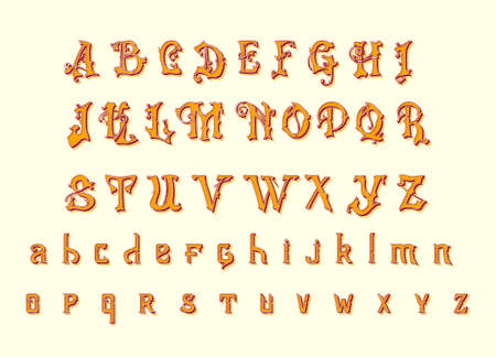 Victorian alphabet in ancient style. Antique old Font for Whiskey label. Vintage typeface in gold colors, editable and layered. Hand drawn Vector modern letters.のイラスト素材