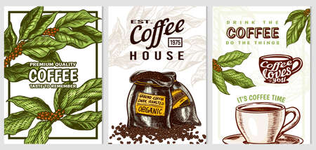 Coffee cards in vintage style. Hand drawn engraved poster, retro doodle sketch on white background. Leaves and cup, beans and calligraphic inscription. Vector Template Banner.のイラスト素材