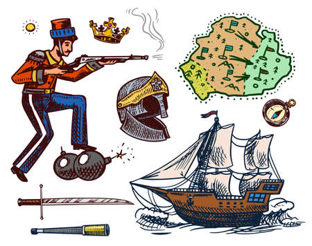 The history of the war in vintage style. Military man with a bomb and a gun. Sailboat in the sea. Knights helmet, Map, Crown and Sword. Hand drawn engraved sketch in vintage style.のイラスト素材
