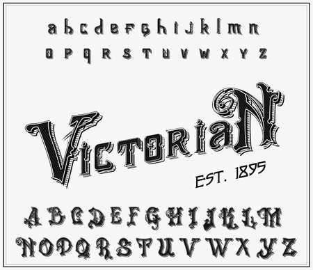 Victorian alphabet in ancient style. Antique old Font. Vintage typeface in black colors, editable and layered. Hand drawn Vector modern letters.のイラスト素材