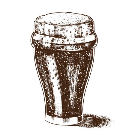 A glass of beer with foam. Bavarian Alcoholic Drink in vintage retro style. Hand-drawn sketch for a bar menu, stripes on a T-shirt or labels.のイラスト素材