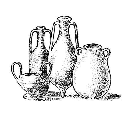 Pottery of ancient Greece. Greek clay pots or vases in vintage antique style. Hand drawn engraved vintage sketch for poster, banner or websiteのイラスト素材