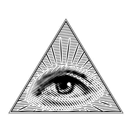 Human eye in a triangle in vintage style. Geometric sacred look. Visual System, Sensory Organ Components. Alchemy or esoteric symbol. Hand drawn engraved sketch for print t shirt or tattoo.のイラスト素材