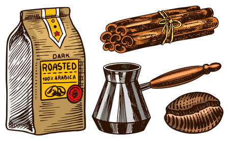 Set of coffee in vintage style. Calligraphic inscription and cinnamon sticks, Bag and Filter Maker . Hand drawn engraved retro sketch for label or menuのイラスト素材