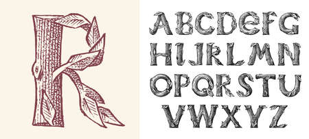 Antique wood Font for forest posters. Decorative ancient alphabet. Vintage typeface. Double exposure Trees and branches. Editable and layered. Hand drawn Vector modern letters for banners.のイラスト素材