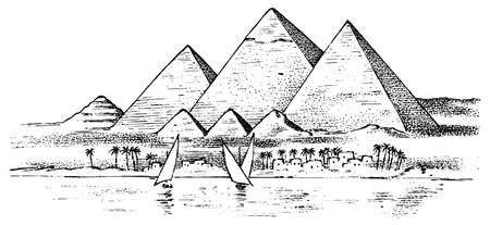 Seven Wonders of the Ancient World. Great Pyramid of Giza. The great construction of the Greeks. Hand drawn engraved vintage sketch.のイラスト素材