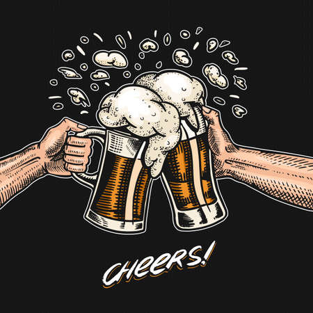 Cheers toast. Beer in hand. Vintage Alcoholic Label with calligraphic element. American banner or poster. Hand drawn engraved sketch lettering for web, pub menu.のイラスト素材