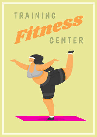 Fitness Woman Poster. Health sport in club. Cute Plus Size banner. Fat girl doing exercises, loses weight, warming up. Full body character on pastel background.のイラスト素材