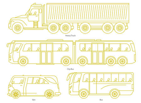 Car body style. Outline Public transport and Passenger Coupe. City bus, heavy truck, Van. Three and five-door auto. Set of Monoline doodle icons.のイラスト素材