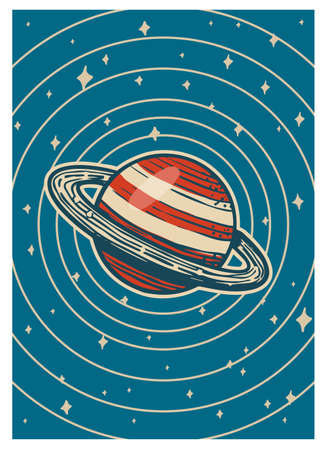 Vintage space banner. Galaxy Poster in retro style. Planet and the universe. Hand drawn engraved vector template for card.のイラスト素材
