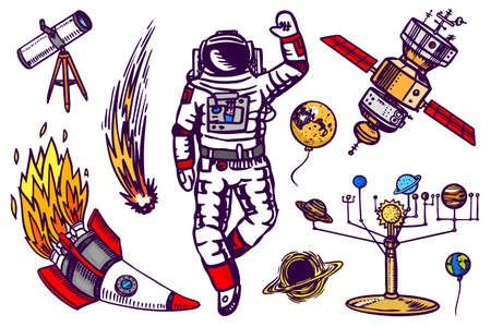 Astronaut spaceman. planets in solar system. Astronomical galaxy. Cosmonaut explore adventure. Engraved hand drawn in old sketch, vintage style. Space shuttle, radio telescope and comet and meteorite.のイラスト素材