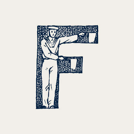 Decorative capital letter F. Marine ancient style. Waves and the sea in letter. Old Vintage typeface. Editable and layered monogram. Hand drawn engraved sketch. Vector illustrationのイラスト素材