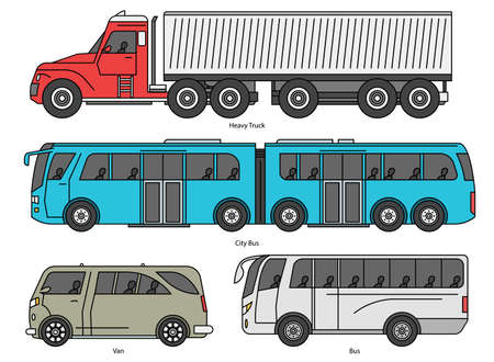 Car body style. Outline Public transport and Passenger Coupe. City bus, color heavy truck, cartoon Van. Three and five-door auto. Set of Monoline doodle iconsのイラスト素材