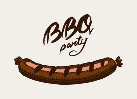 Sausage for Barbecue grill in vintage style. Drawn by hand. Bbq party banner. Vector illustration for menu or labels.のイラスト素材
