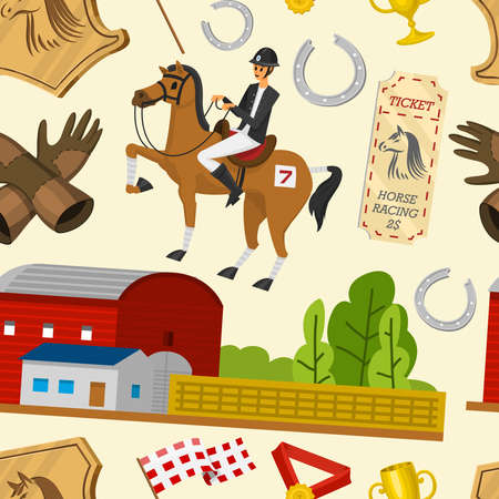 Horse racing seamless pattern. Horseback riding. Activity Jockey club. Equipments for Equestrian Sport poster. Accessories horseshoe, whip, horse saddle, hippodrome, equine bridle for dressageのイラスト素材