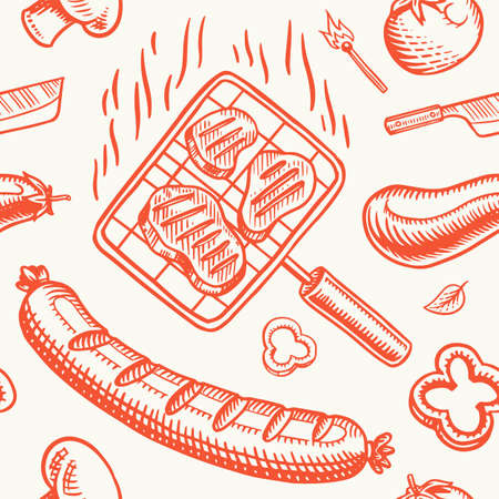 Barbecue grill seamless pattern in vintage style. Drawn by hand. Bbq party ingredients. Hot grill food, beer and tools, vegetables and spices. Vector illustration for menu or labels.のイラスト素材