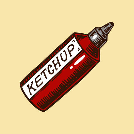 Ketchup sauce bottle for Barbecue grill in vintage style. Drawn by hand. Bbq party ingredient. Vector illustration for menu or labels.のイラスト素材