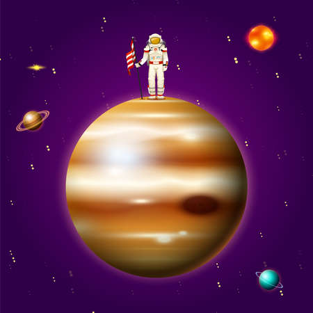Planets in solar system and astronaut spaceman. Mercury and earth, mars and venus. Astronomical galaxy space background. Poster or banner for web site. Look through the telescope. Cartoon concept.のイラスト素材