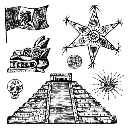 Mexico set in vintage style. Traditional national elements: pyramid and star, flag and dragon. Engraved hand drawn sketchのイラスト素材