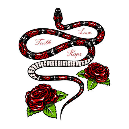 Milk snake with flowers in Vintage style. Serpent cobra or python or poisonous viper. Engraved hand drawn old reptile sketch for Tattoo. Anaconda for sticker or  t-shirts.のイラスト素材