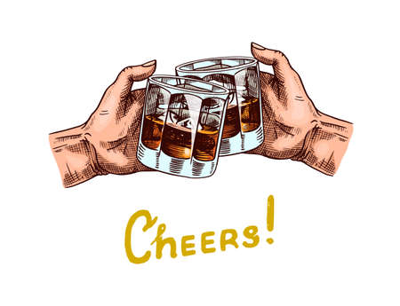 Cheers toast. A glass of whiskey in the hands. Vintage American badge. Alcoholic Label with calligraphic elements. Strong drink. Hand drawn engraved sketch for poster, banner or t-shirt.のイラスト素材