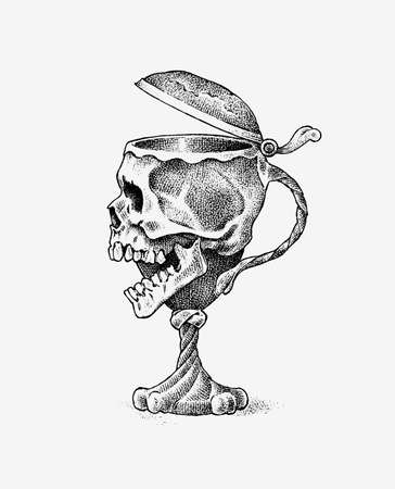 Human skull in the form of a wine goblet. Retro old school sketch for tattoo in vintage style. Monochrome Symbol. Hand drawn engraved retro badge for t-shirt, banner, poster.のイラスト素材