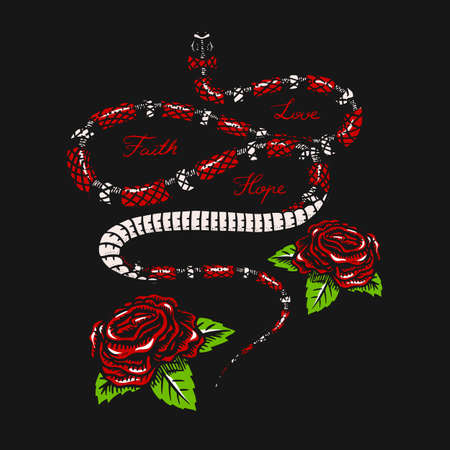 Milk snake with flowers in Vintage style. Serpent cobra or python or poisonous viper. Engraved hand drawn old reptile sketch for Tattoo. Anaconda for sticker or t-shirts.のイラスト素材