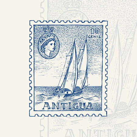 Vintage Postage stamp for album. Seascape with a sailboat. Retro old Sketch. Monochrome Postcard...