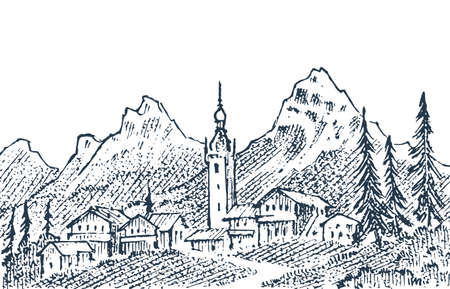 Mountain landscape with snowy peaks. Engraved illustration of a hand drawn sketch in vintage retro styleのイラスト素材