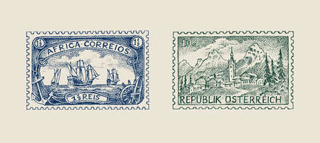 Vintage Postage stamp for album. Ancient landscapes. Retro old Sketch. Monochrome Postcard sticker. Hand drawn engraved retro mark, travel label. Decoration Element for print banner, posterのイラスト素材