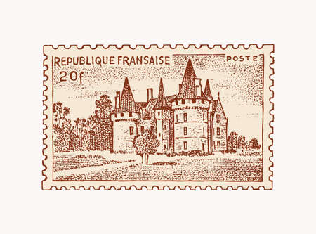 Vintage Postage stamp for album. Ancient landscapes. Retro old Sketch. Monochrome Postcard sticker. Hand drawn engraved retro mark, travel label. Decoration Element for print banner, posterのイラスト素材