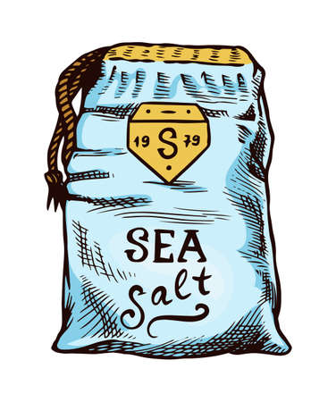 Sea salt packaging. Powdered powder and bunch of seeds. Vintage background poster. Engraved hand drawn sketch.のイラスト素材
