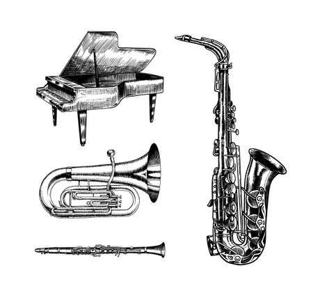 Jazz classical wind instruments. Musical Saxophone Tuba and Grand Piano. Hand drawn monochrome engraved vintage sketch.のイラスト素材