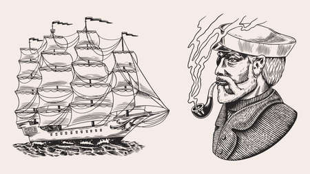 Nautical sailing ship in the sea. Captain or sailor with pipe. Seaman with beard. Seagoing vessel, marine Sailboat, nautical caravel. Water transport in the ocean. Engraved hand drawn in vintage styleのイラスト素材