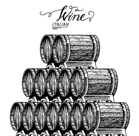 Wooden oak barrels of aged wine. Pyramidal pile of Vessels and kegs with French alcohol brandy or whiskey. Vintage Cask for Beverage maturing. Hand Drawn engraved sketch for bar menu banner or posterのイラスト素材