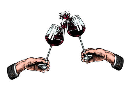 Cheers toast and clink glasses of wine in hand. Celebration concept. Red grape alcoholic drink. Vintage badge. Splashing alcohol Template Label. Semi sweet dry drink. Drawn engravedのイラスト素材