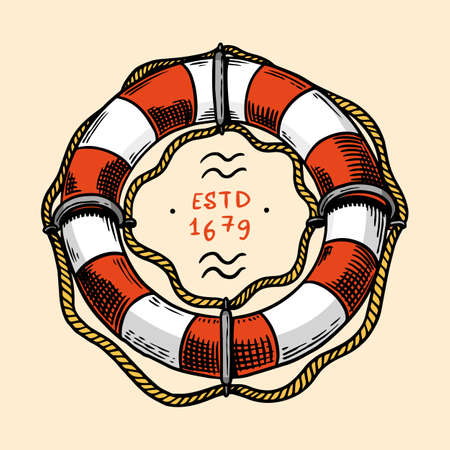 Sea Lifebuoy. Nautical or marine Ring buoy, ocean water wheely or lifering. Hand drawn monochrome retro engraved old sketch. Vector illustration for tattoo or emblems.のイラスト素材