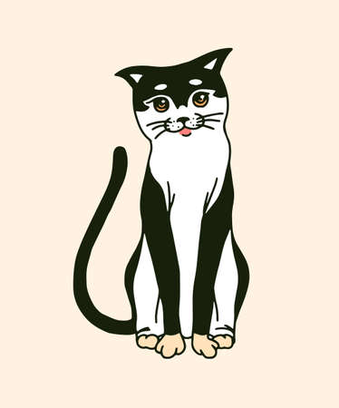 Sitting cat. Meow power. Cute pet. Hand drawn engraved kitty sketch for logo or label or banner or t-shirt. Monochrome Vector illustration in outline vintage doodle style.のイラスト素材