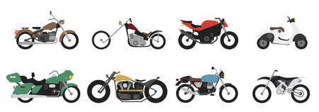 Set of motorcycle or motorbike, bike or extreme cycle. Retro street scooter and modern cruiser or moped. Collection transports for road racing.のイラスト素材
