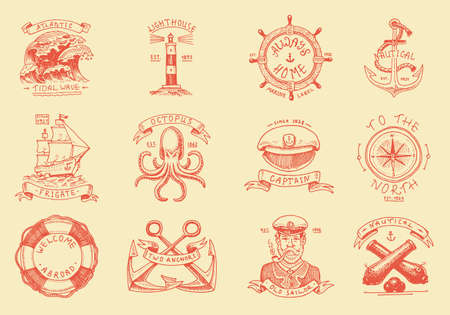 Marine and nautical emblems. Set of engraved vintage, hand drawn old sea, ocean labels or badges. Life ring, cannon ball, captain with pipe. Welcome aboard, two anchors, sailor.のイラスト素材