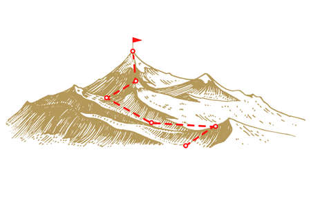 Concept of Goal and route to peak. Business success poster or mission banner. Overcoming obstacles and Career journey path. Mountain peak climbing. Hand drawn engraved monochrome sketch.のイラスト素材
