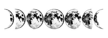 Moon phases planets in solar system. Astrology or astronomical galaxy space. Orbit or circle. Engraved hand drawn in old sketch, vintage style for labelのイラスト素材