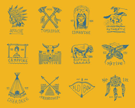 Indian badges and native american labels. Set of elements. Hand drawn engraved vintage buffalo, axes and tent, arrows and bow, skull, dreamcatcher and cherokee, tomahawk.のイラスト素材