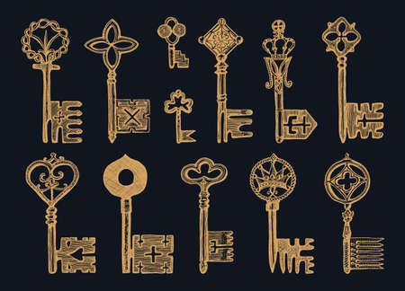 Victorian keys. Medieval Gothic locks set. The device for opening the door. Antique elements to blocking. System of security. Vintage vector sketch. Engraved hand drawn illustration.のイラスト素材