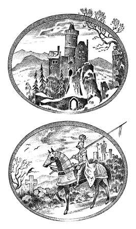 Medieval knight and castle. Antique chateau and cavalier on horseback. Ancient rider. Template for label or badge. Hand drawn engraved monochrome vintage sketch.のイラスト素材