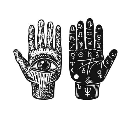 Mystical magic palmistry. Esoteric or alchemy occult sketch for tattoo. Fate in the palm of your hand. Hand Drawn Engraved illustration.のイラスト素材
