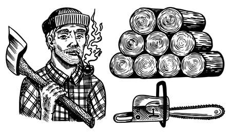 Lumberjack with axe. Woodsman character and work tools Set. Downed logs, Saw or chainsaw. Hand drawn elements. Logger or axeman or woodcutter. Vector illustration. Engraved Monochrome Vintage Sketch.のイラスト素材