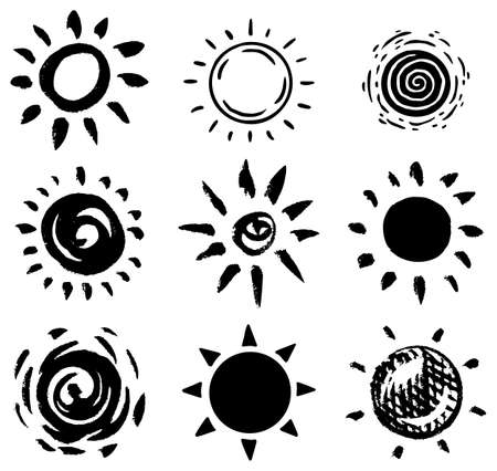 Sun set. Brush strokes. Rays collection on white background. Hand drawn black icons. Engraved Monochrome Vintage Sketch. Ink elements. Vector illustration.のイラスト素材